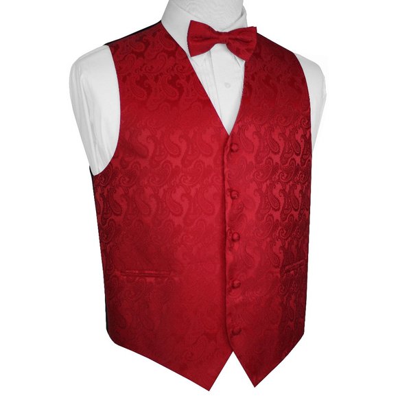 Men's Formal Wedding Prom Homecoming Tuxedo Vest Bow-Tie Hankie - Red Paisley - Picture 1 of 3